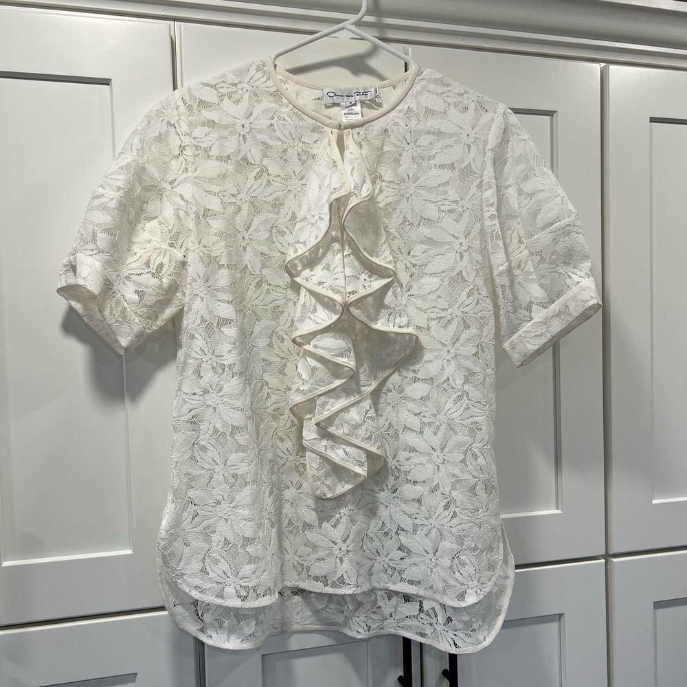 Oscar De La Renta Floral Lace Ruffle Open Front Blouse Women’s 10 Cream Silk